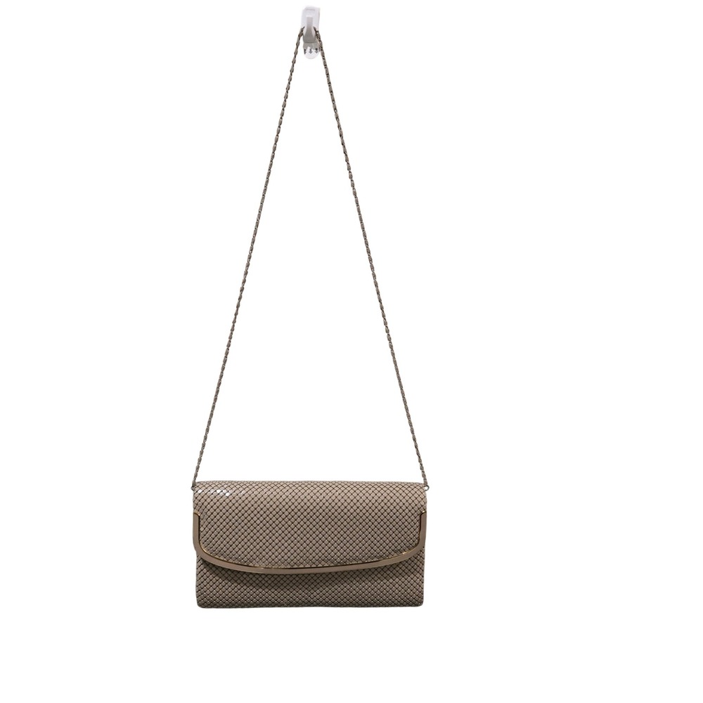 Carlyle Taupe Beige Metal Mesh Crossbody Bag Gold Trim Evening Clutch